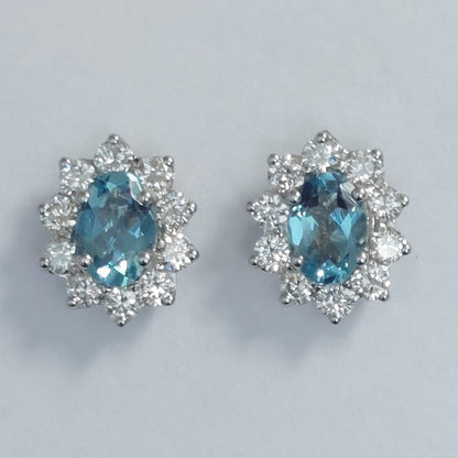 Oval Aquamarine and Diamond Cluster Stud Earrings