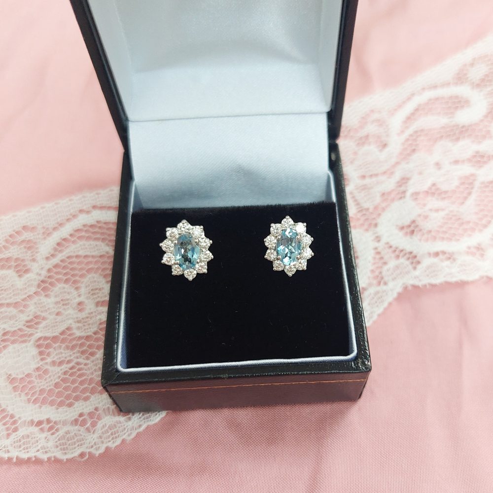 Oval Aquamarine and Diamond Cluster Stud Earrings