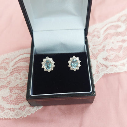 Oval Aquamarine and Diamond Cluster Stud Earrings
