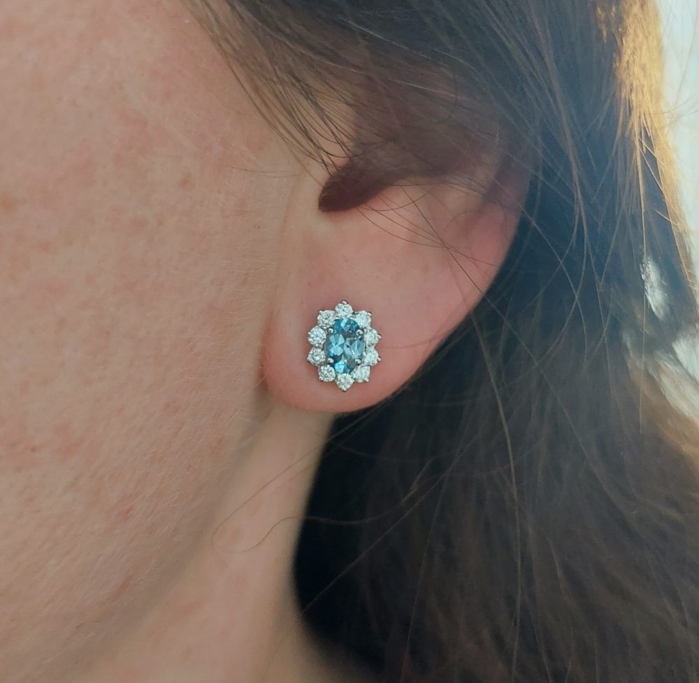 Oval Aquamarine and Diamond Cluster Stud Earrings