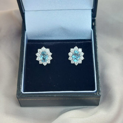 Oval Aquamarine and Diamond Cluster Stud Earrings