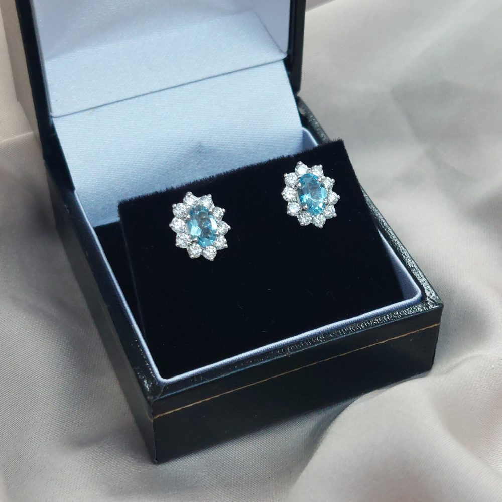 Oval Aquamarine and Diamond Cluster Stud Earrings