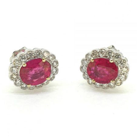 Oval Ruby and Diamond Cluster Earrings 1.63 carats