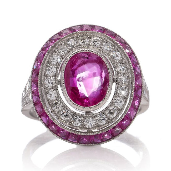 1.66ct Oval Ruby and Diamond Double Cluster Dress Ring in Platinum