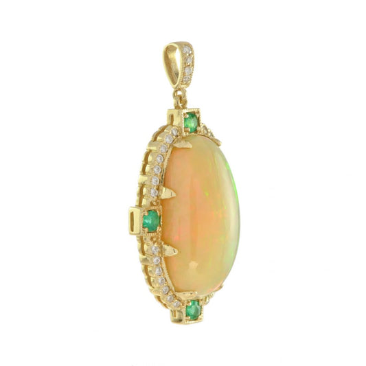 7.94ct Oval Cabochon Ethiopian Opal Pendant with Diamond and Emerald Cluster