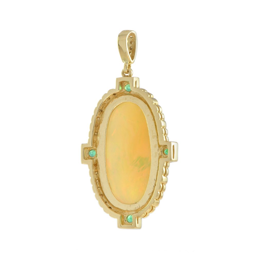 7.94ct Oval Cabochon Ethiopian Opal Pendant with Diamond and Emerald Cluster