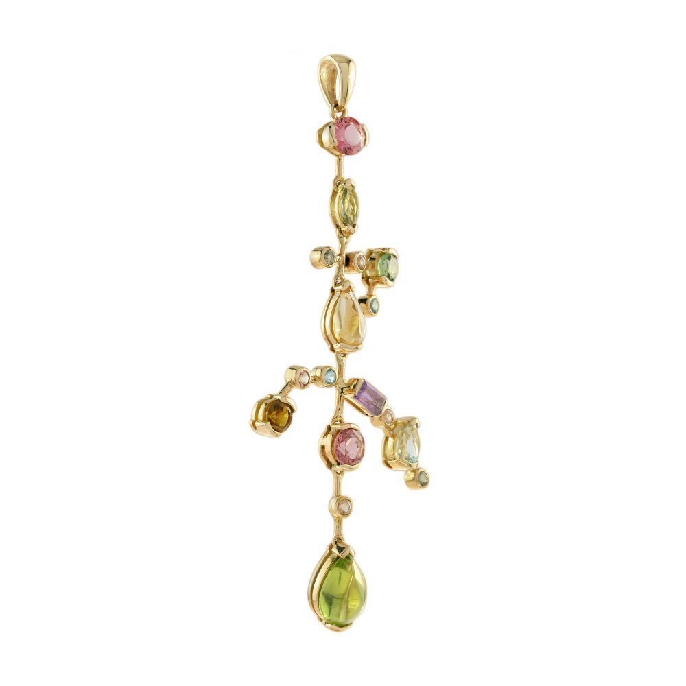 Contemporary Multi Gemstone Pendant in 14ct Yellow Gold set with tourmaline peridot and citrine