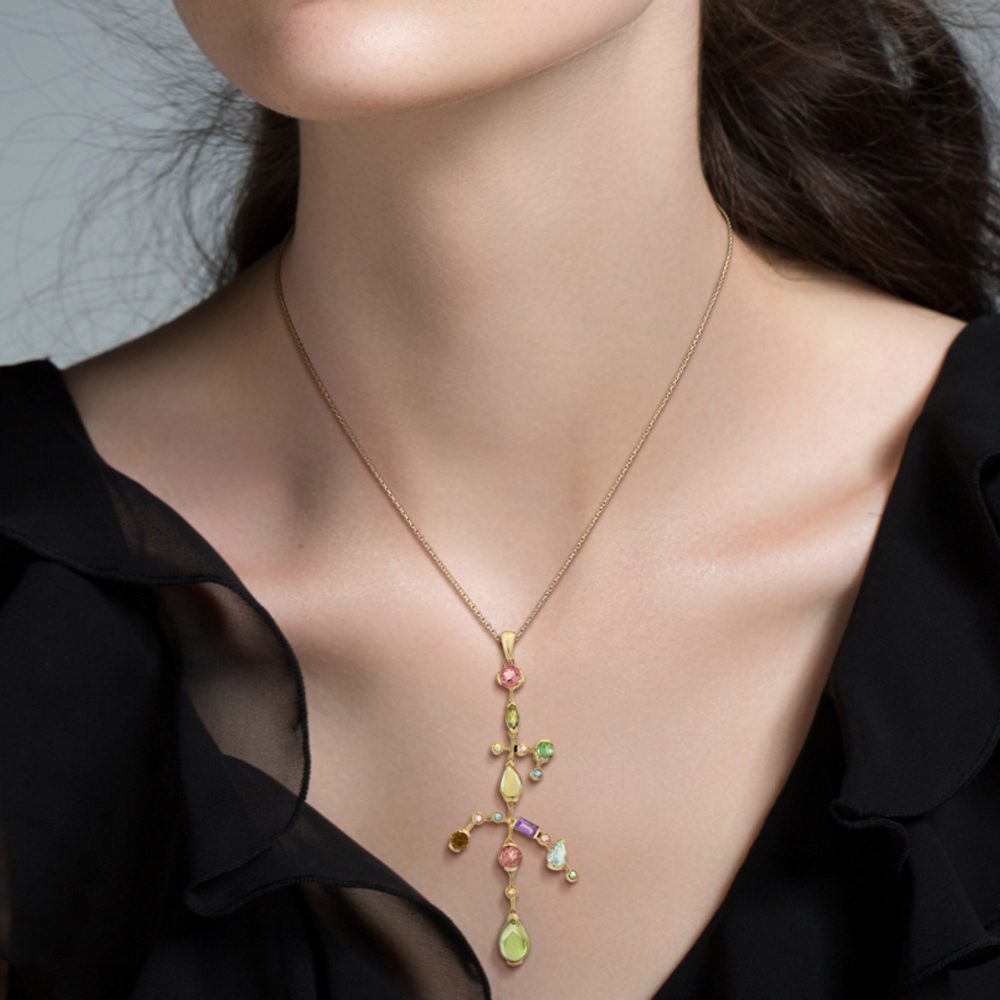 Contemporary Multi Gemstone Pendant in Yellow Gold