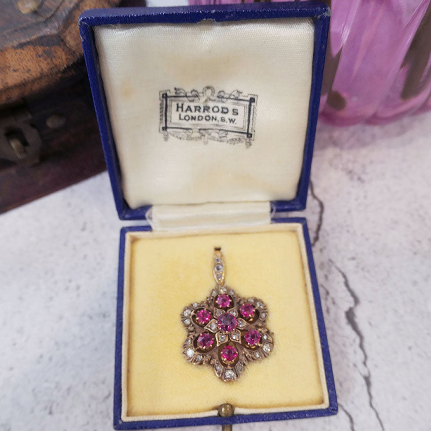 Antique Natural Ruby and Diamond Floral Cluster Pendant