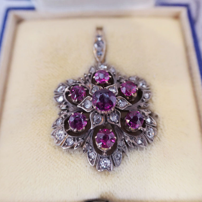 Antique Natural Ruby and Diamond Floral Cluster Pendant