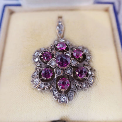 Antique Natural Ruby and Diamond Floral Cluster Pendant
