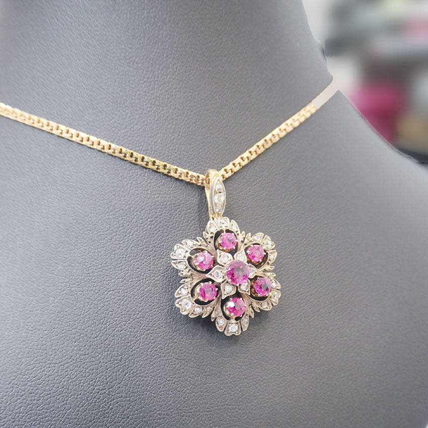 Antique Natural Ruby and Diamond Floral Cluster Pendant