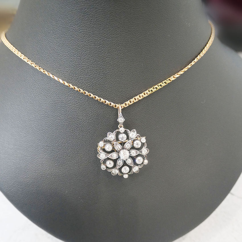 Antique Victorian 2ct Diamond Floral Cluster Pendant Brooch