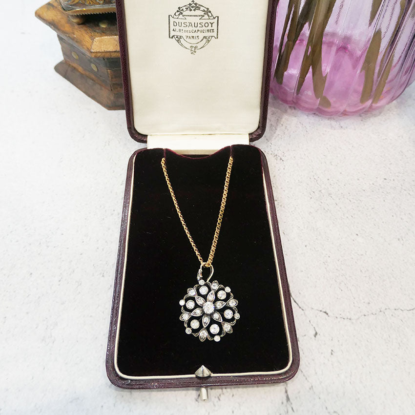 Antique Victorian 2ct Diamond Floral Cluster Pendant Brooch