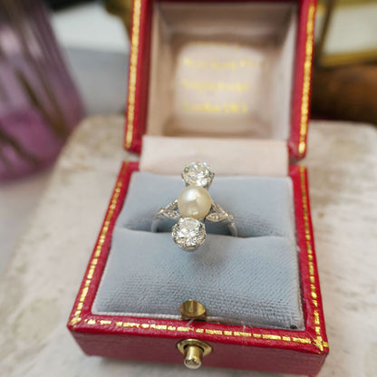 Natural Pearl and Old Cut Diamond Trilogy Ring