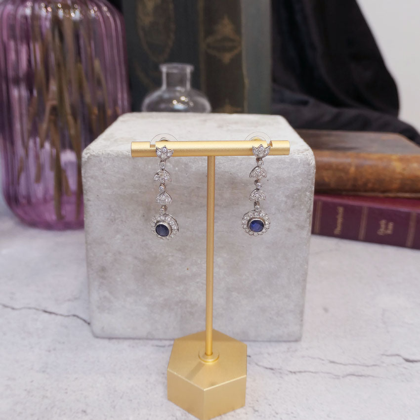 Art Deco 1.70ct Sapphire and Diamond Floral Cluster Drop Earrings in Platinum