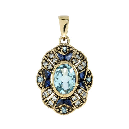 Blue Topaz Sapphire and Diamond Pendant in 9ct Yellow Gold