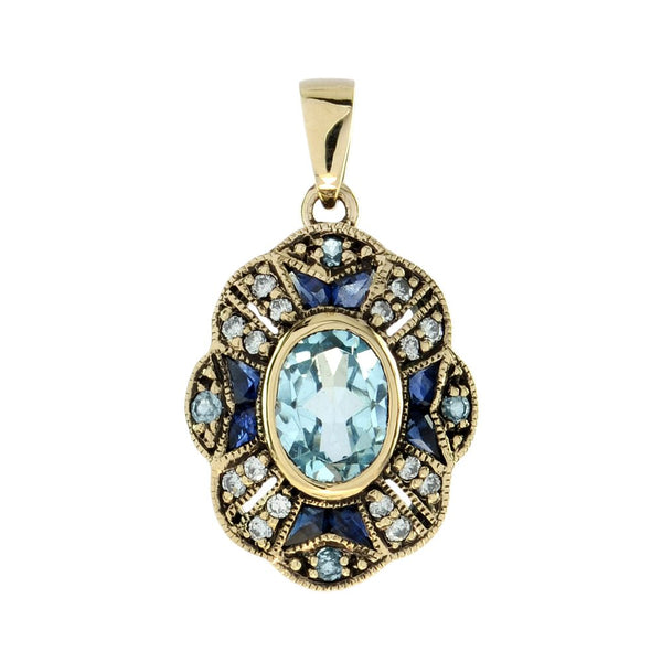 Blue Topaz Sapphire and Diamond Pendant in 9ct Yellow Gold