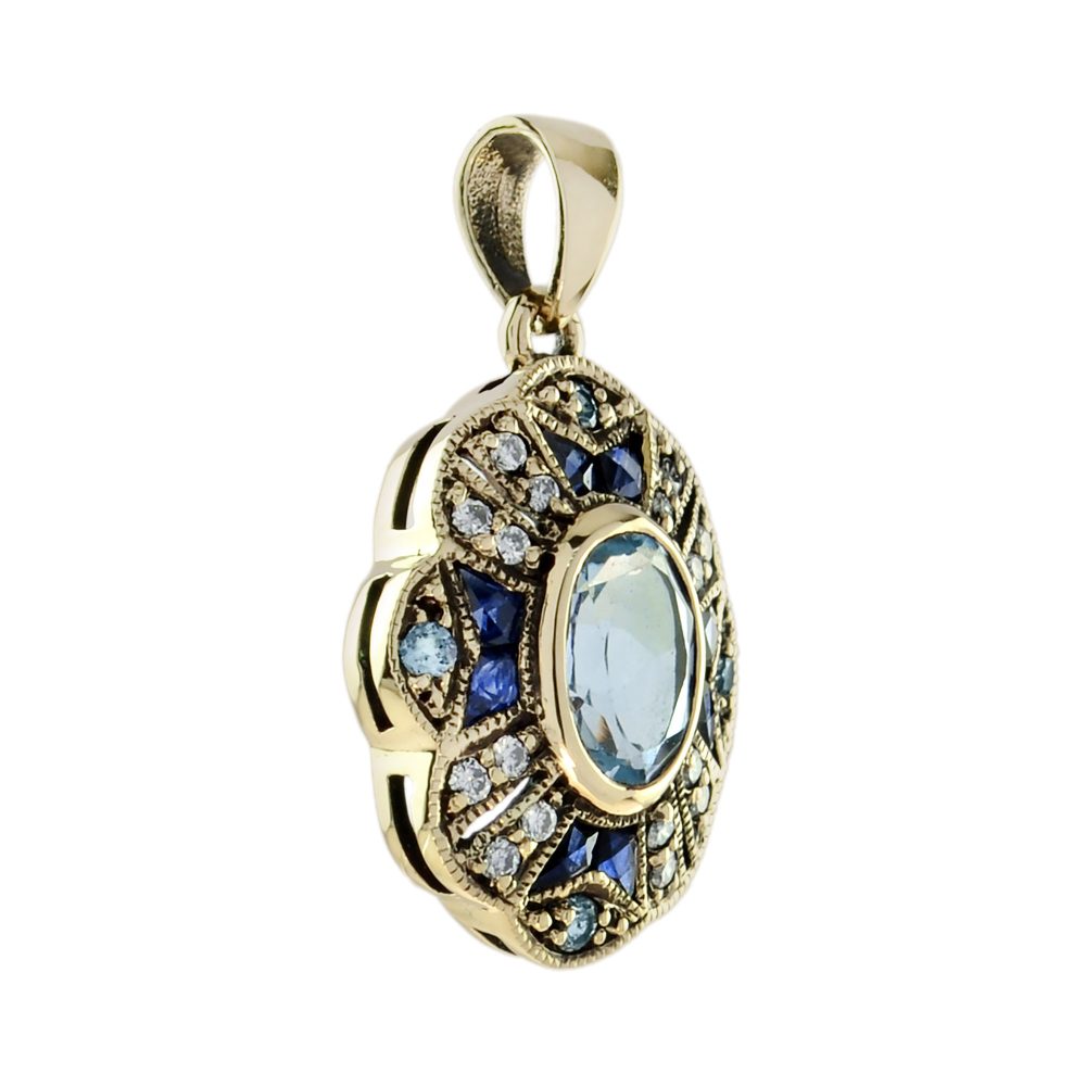 Blue Topaz Sapphire and Diamond Pendant in 9ct Yellow Gold