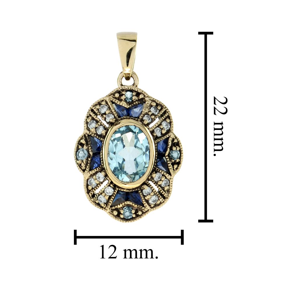 Blue Topaz Sapphire and Diamond Pendant in 9ct Yellow Gold
