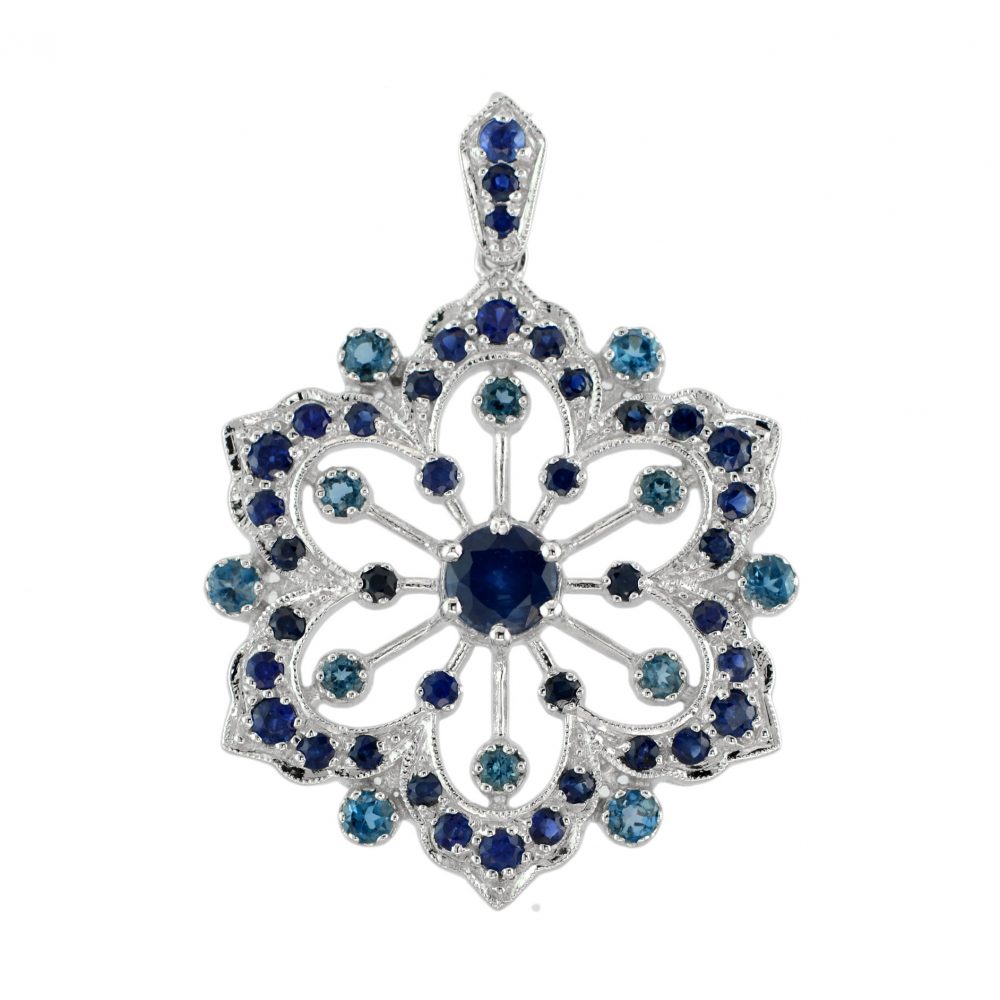 2.26ct Sapphire and Blue Topaz Filigree Flower Pendant