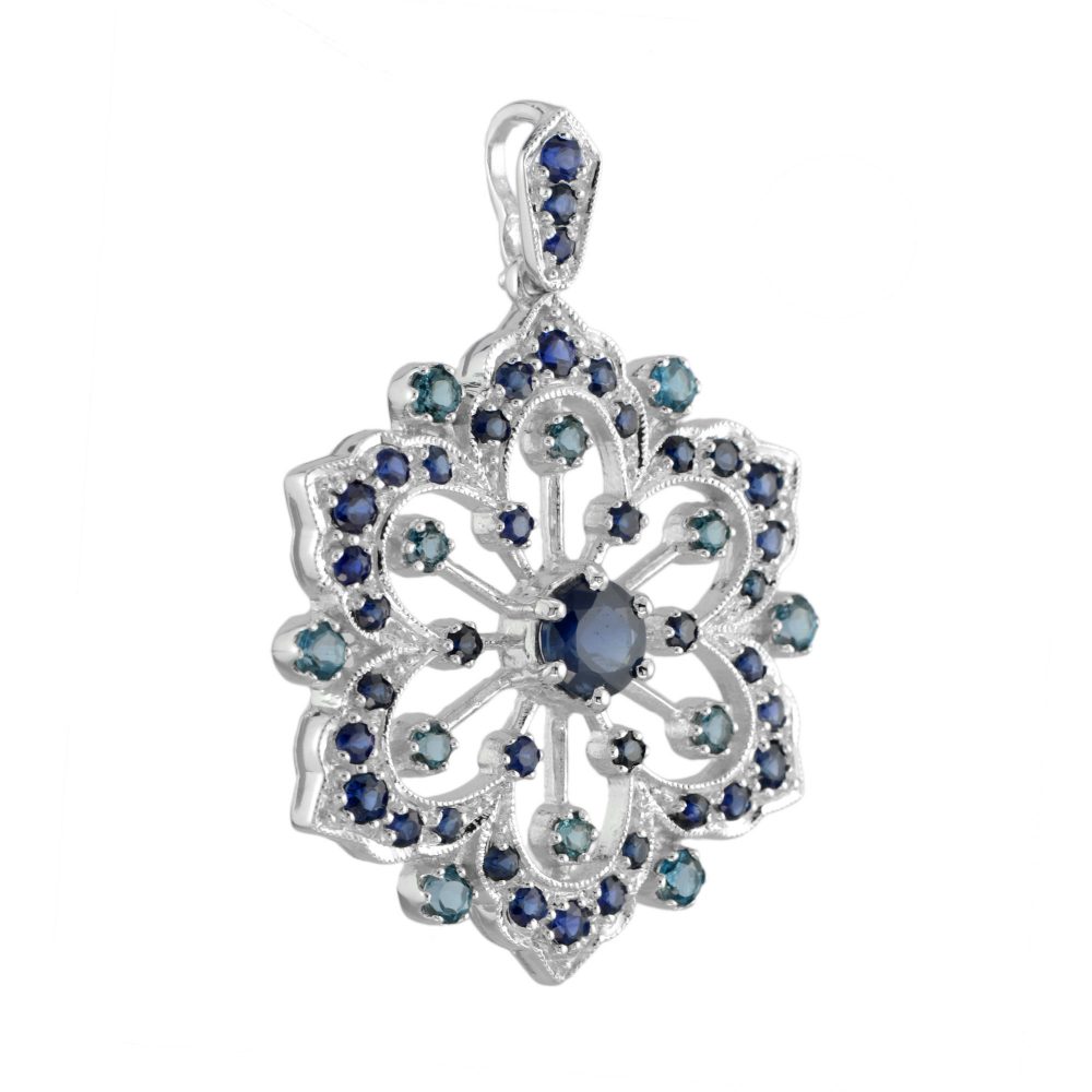 2.26ct Sapphire and Blue Topaz Filigree Flower Pendant