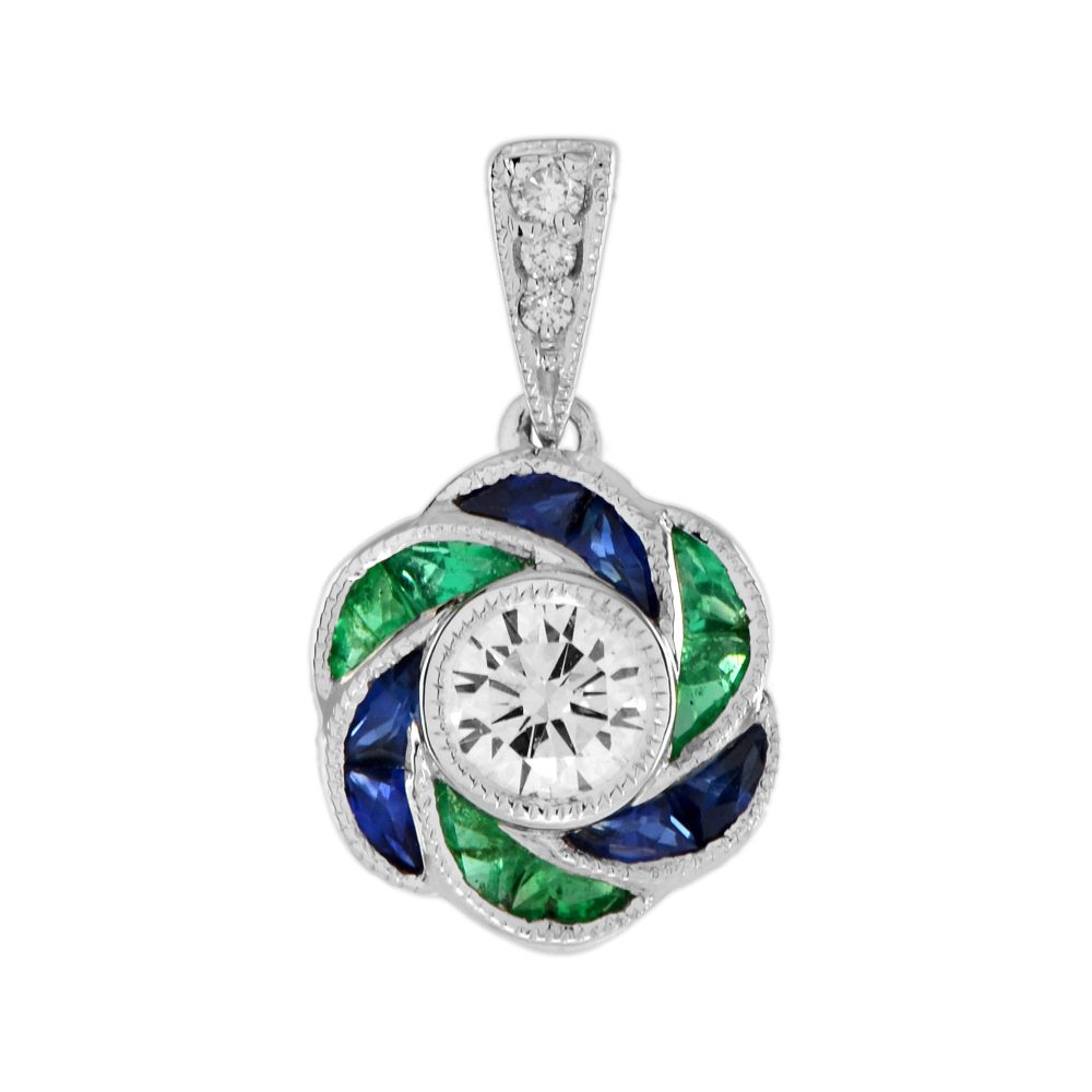 Diamond Emerald Sapphire Floral Cluster Rose Flower Pendant