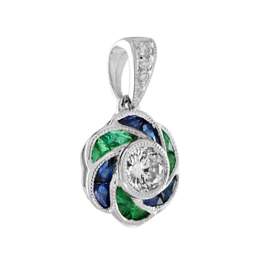 Diamond Emerald Sapphire Floral Cluster Rose Flower Pendant