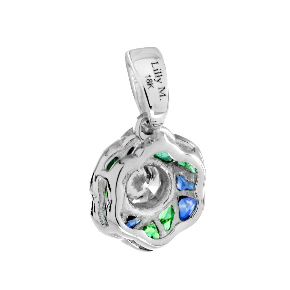 Diamond Emerald Sapphire Floral Cluster Rose Flower Pendant