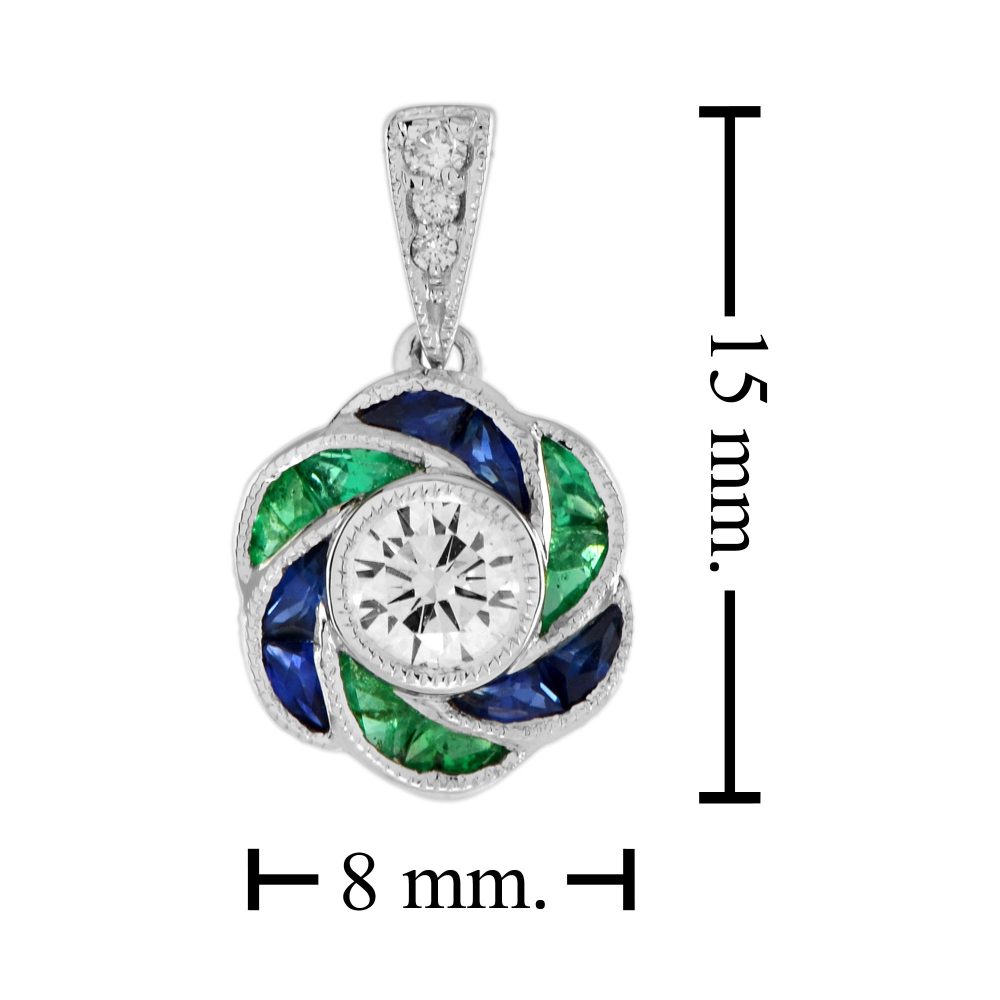 Diamond Emerald Sapphire Floral Cluster Rose Flower Pendant