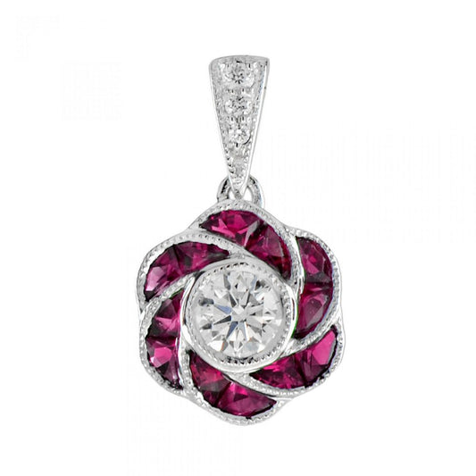 Ruby and Diamond Floral Cluster Pendant; central brilliant-cut diamond surrounded by ruby-set petals and suspended from a graduated diamond-set bale in 18ct white gold. Made to order