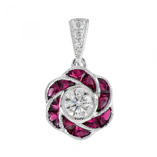 Ruby and Diamond Floral Cluster Pendant; central brilliant-cut diamond surrounded by ruby-set petals and suspended from a graduated diamond-set bale in 18ct white gold. Made to order