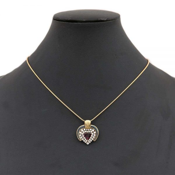 Vintage Ruby, Diamond and Blue Enamel 18ct Yellow Gold Heart Pendant