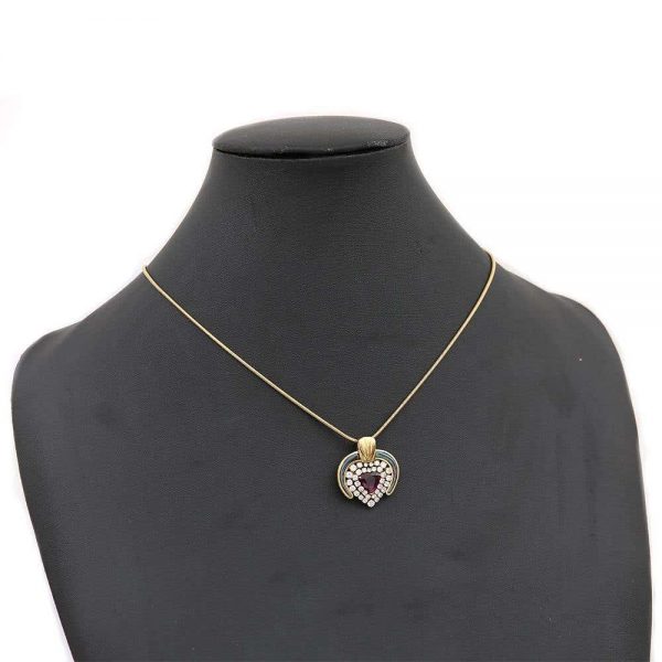 Vintage Ruby, Diamond and Blue Enamel 18ct Yellow Gold Heart Pendant