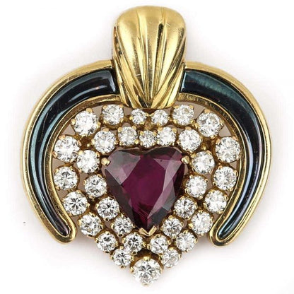 Vintage Ruby, Diamond and Blue Enamel 18ct Yellow Gold Heart Pendant