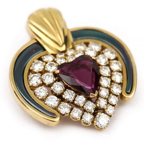 Vintage Ruby, Diamond and Blue Enamel 18ct Yellow Gold Heart Pendant