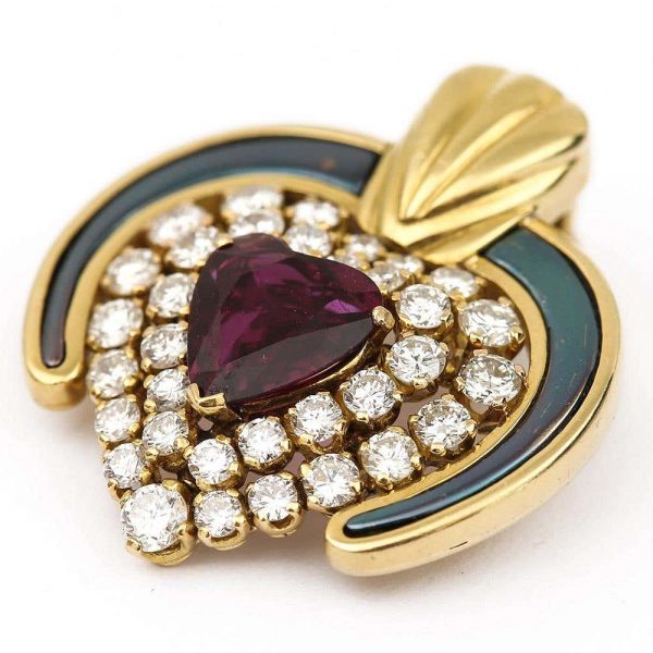 Vintage Ruby, Diamond and Blue Enamel 18ct Yellow Gold Heart Pendant