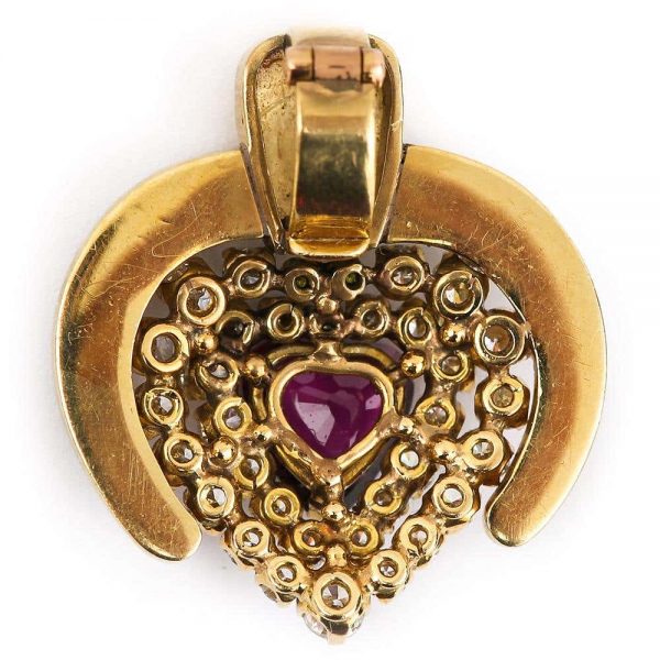 Vintage Ruby, Diamond and Blue Enamel 18ct Yellow Gold Heart Pendant