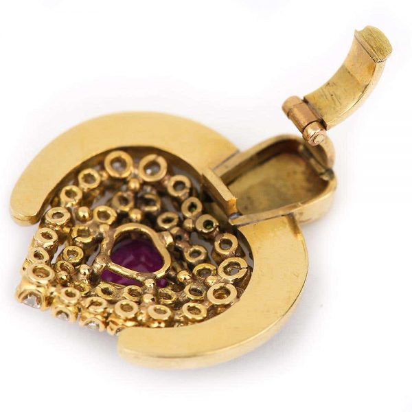 Vintage Ruby, Diamond and Blue Enamel 18ct Yellow Gold Heart Pendant