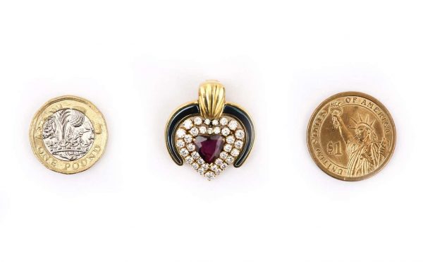 Vintage Ruby, Diamond and Blue Enamel 18ct Yellow Gold Heart Pendant