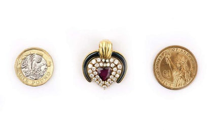 Vintage Ruby, Diamond and Blue Enamel 18ct Yellow Gold Heart Pendant