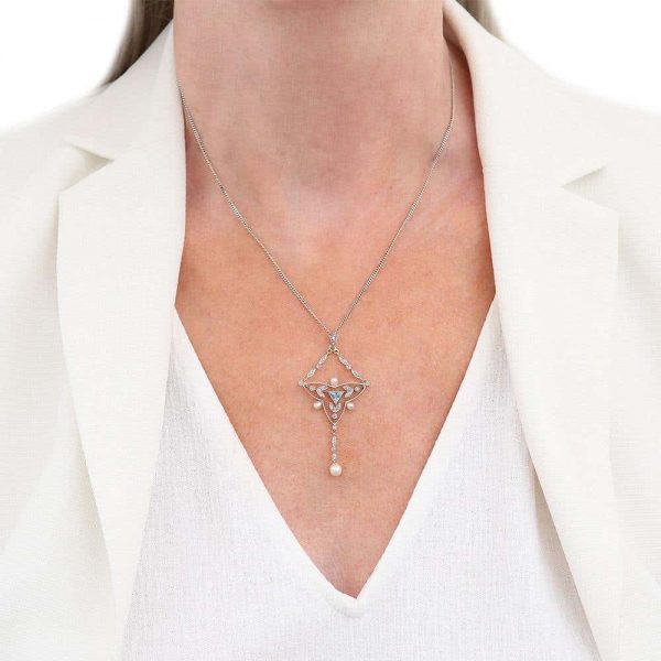 Antique Edwardian 18ct Gold and Platinum Aquamarine Diamond and Pearl Pendant Necklace