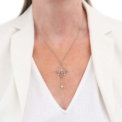 Antique Edwardian 18ct Gold and Platinum Aquamarine Diamond and Pearl Pendant Necklace