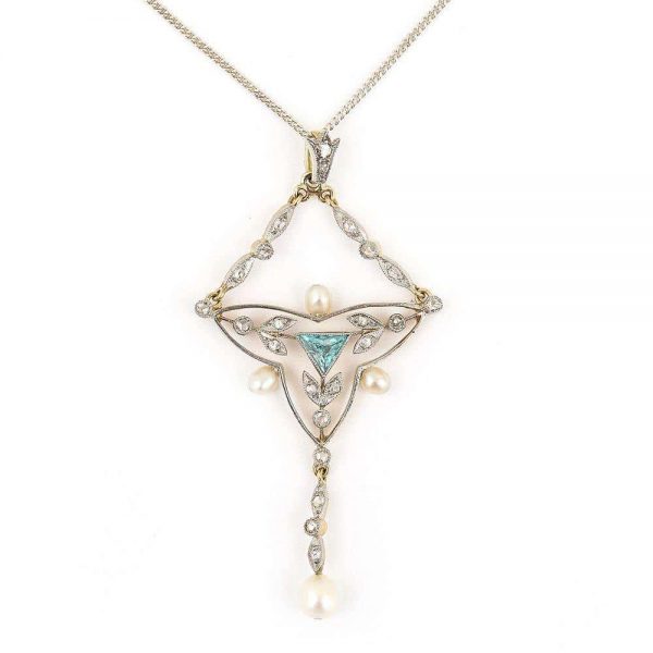 Antique Edwardian 18ct Gold and Platinum Aquamarine Diamond and Pearl Pendant Necklace