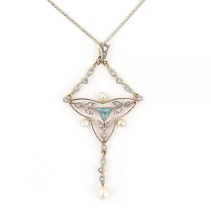 Antique Edwardian 18ct Gold and Platinum Aquamarine Diamond and Pearl Pendant Necklace
