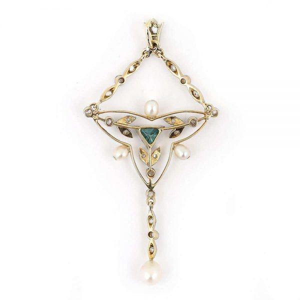 Antique Edwardian 18ct Gold and Platinum Aquamarine Diamond and Pearl Pendant Necklace