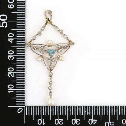 Antique Edwardian 18ct Gold and Platinum Aquamarine Diamond and Pearl Pendant Necklace