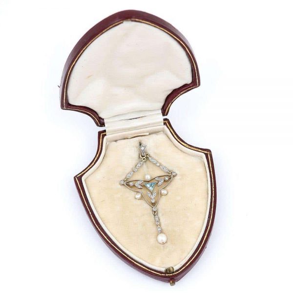 Antique Edwardian 18ct Gold and Platinum Aquamarine Diamond and Pearl Pendant Necklace