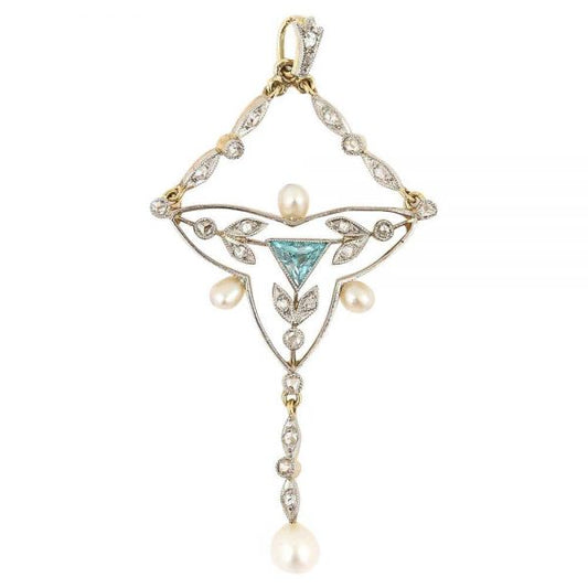 Antique Edwardian 18ct Gold and Platinum Aquamarine Diamond and Pearl Pendant Necklace
