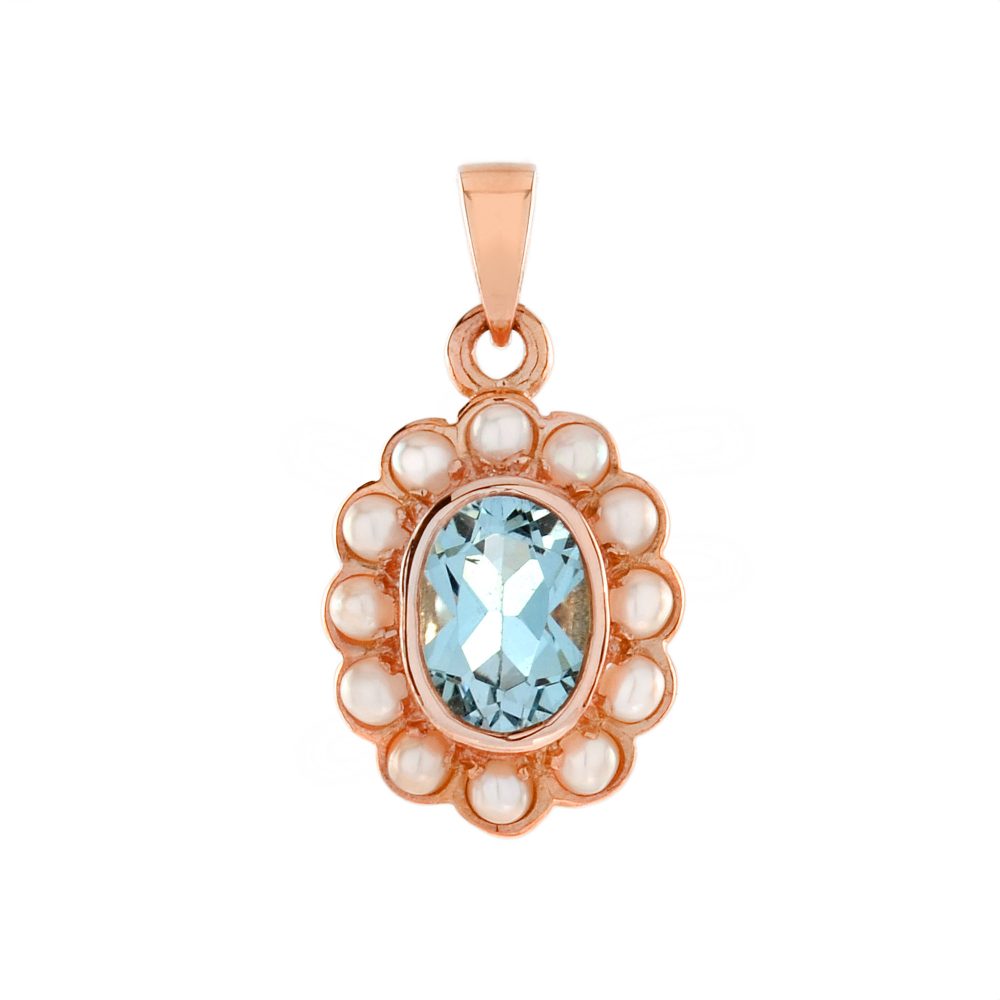 2.70ct Oval Blue Topaz and Pearl Cluster Pendant in 9ct Rose Gold